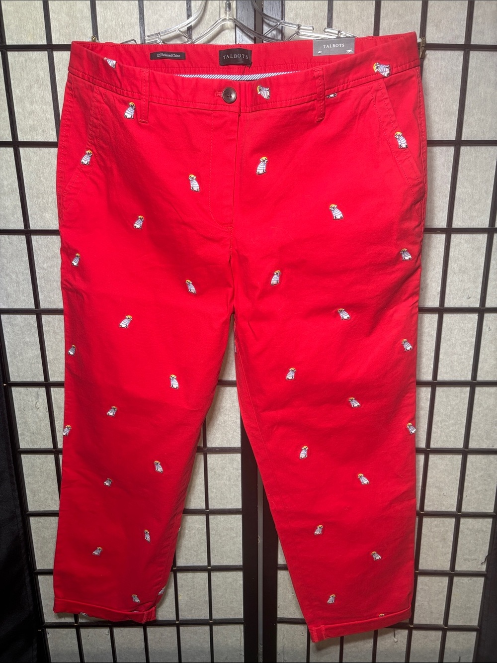 NWT Talbots Relaxed Chinos Frenchie Critter Embroidered Pants Red Size 12
